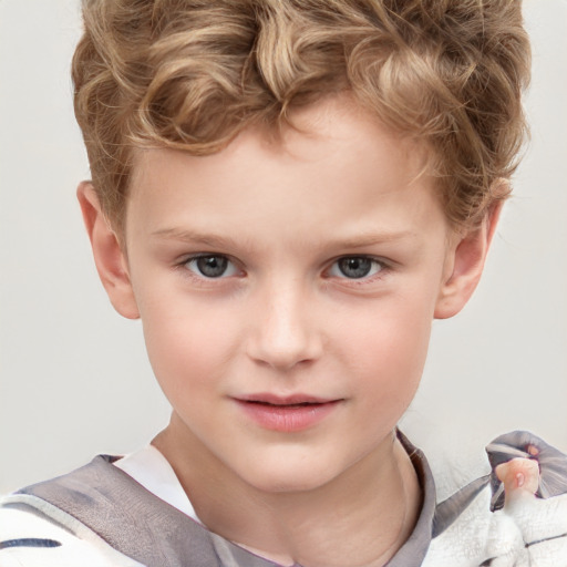 Joyful white child male with short  brown hair and grey eyes