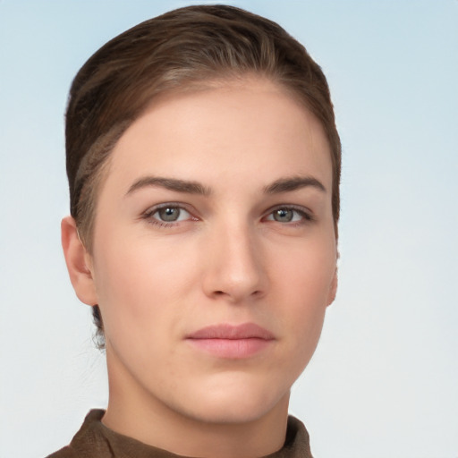 Neutral white young-adult female with short  brown hair and brown eyes