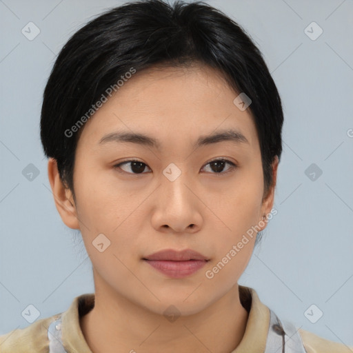 Neutral asian young-adult female with short  black hair and brown eyes