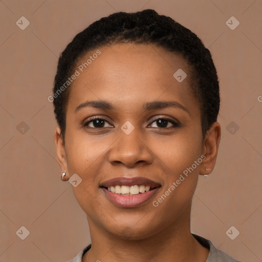 Joyful black young-adult female with short  brown hair and brown eyes