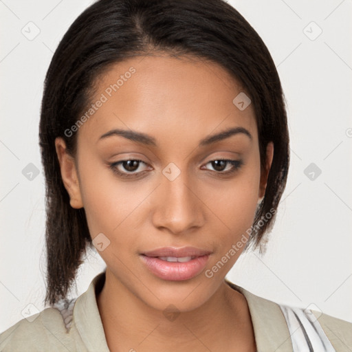 Joyful latino young-adult female with medium  brown hair and brown eyes