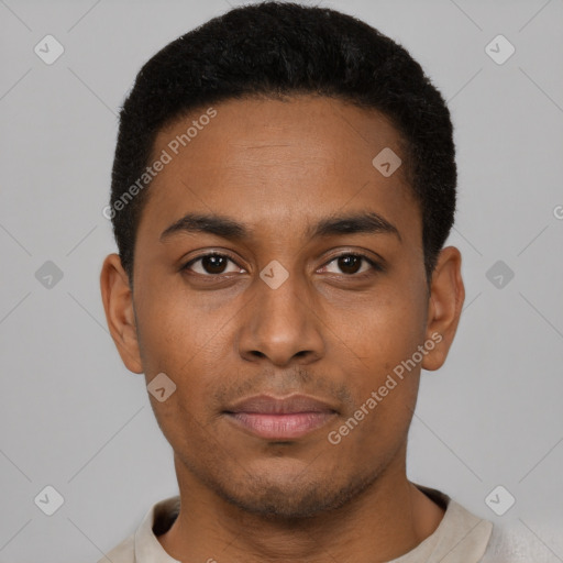 Neutral latino young-adult male with short  black hair and brown eyes