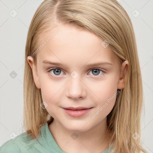 Joyful white child female with medium  brown hair and grey eyes