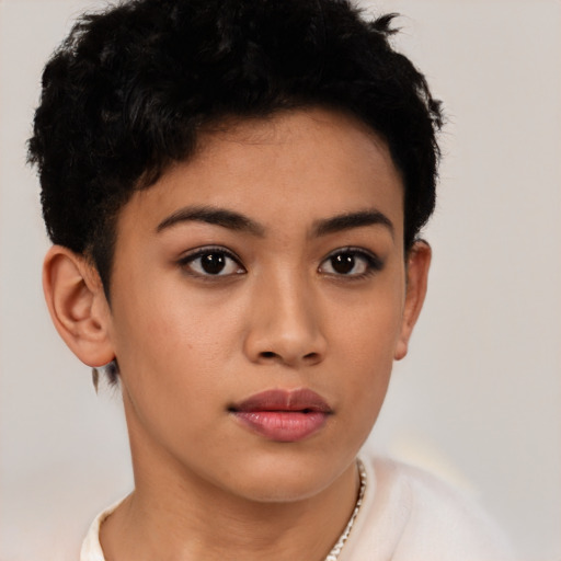 Neutral latino young-adult female with short  black hair and brown eyes