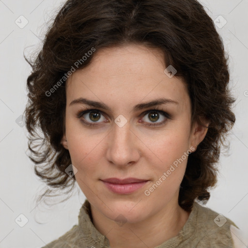 Joyful white young-adult female with medium  brown hair and green eyes