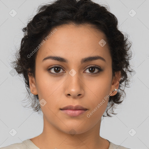 Neutral latino young-adult female with medium  brown hair and brown eyes