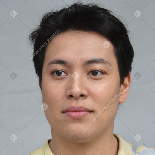 Neutral asian young-adult male with short  brown hair and brown eyes