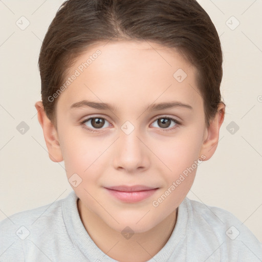 Joyful white child female with short  brown hair and brown eyes