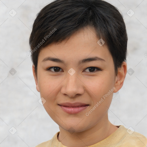 Joyful asian young-adult female with short  brown hair and brown eyes