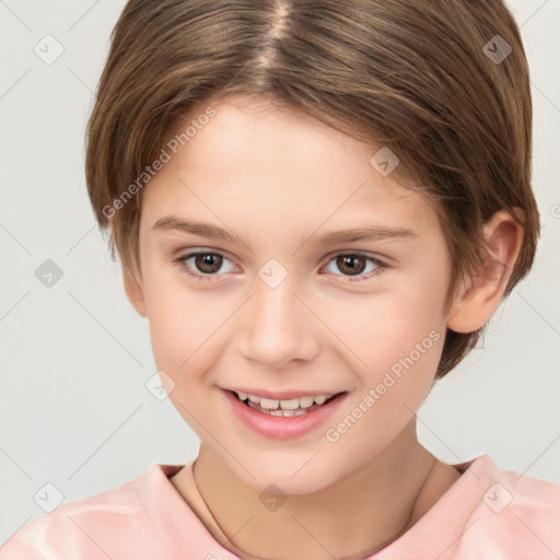 Joyful white child female with short  brown hair and brown eyes