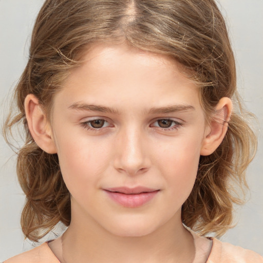 Joyful white child female with medium  brown hair and brown eyes