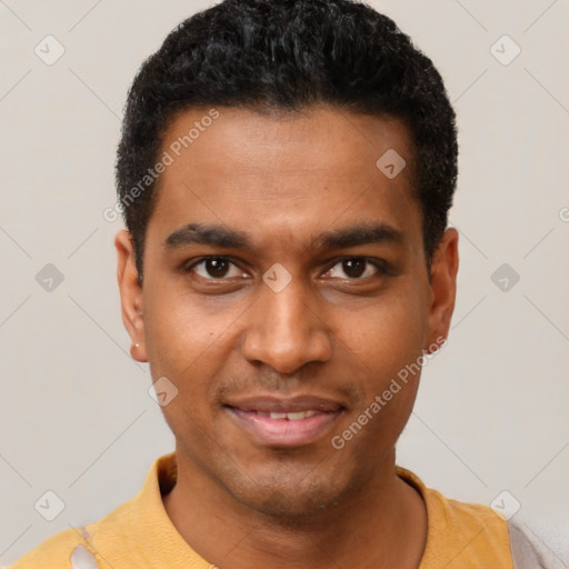 Joyful black young-adult male with short  black hair and brown eyes