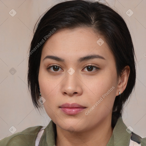 Neutral asian young-adult female with medium  brown hair and brown eyes