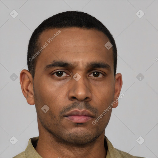 Neutral latino young-adult male with short  black hair and brown eyes