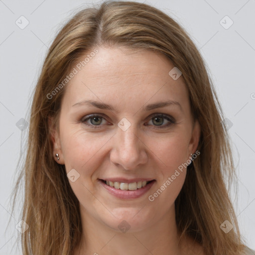 Joyful white young-adult female with long  brown hair and grey eyes