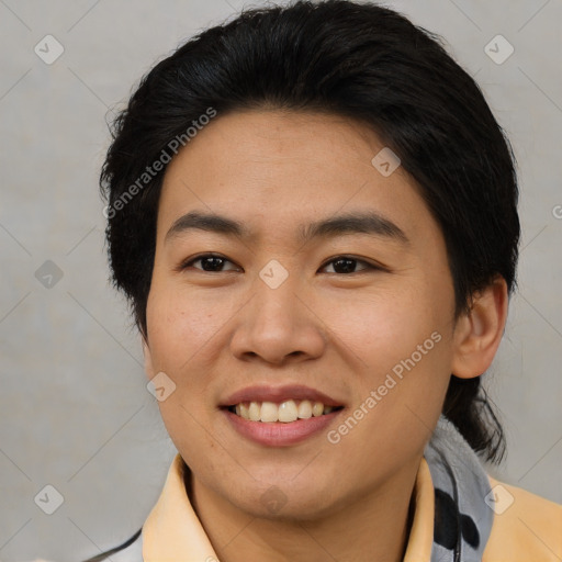 Joyful asian young-adult female with medium  brown hair and brown eyes