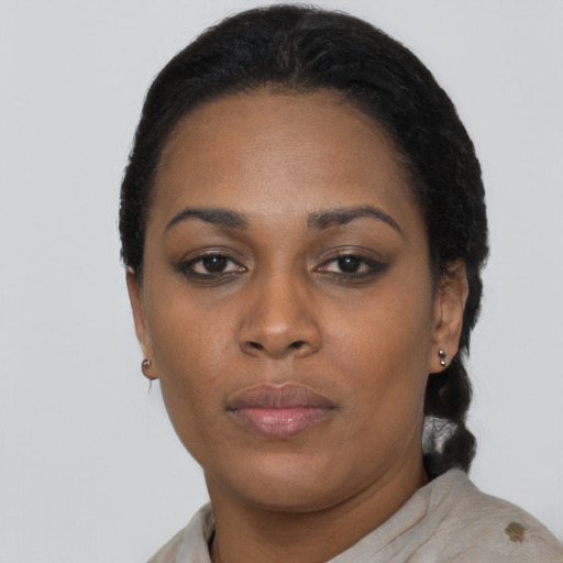 Neutral black young-adult female with short  black hair and brown eyes