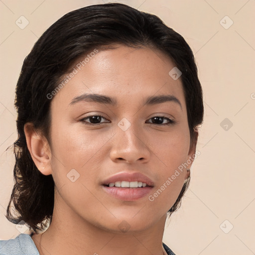 Joyful white young-adult female with medium  brown hair and brown eyes