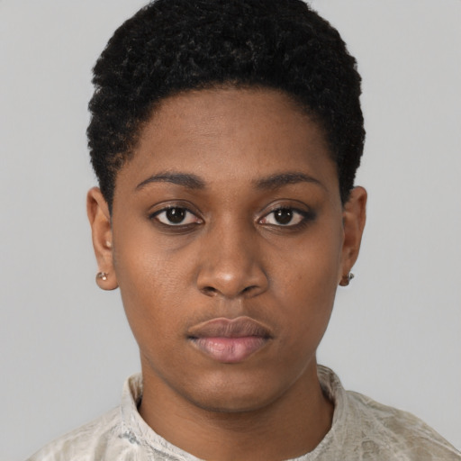 Neutral black young-adult female with short  black hair and brown eyes