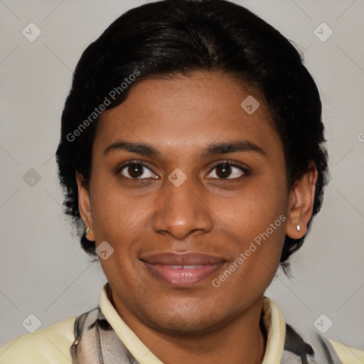 Joyful latino young-adult female with medium  brown hair and brown eyes