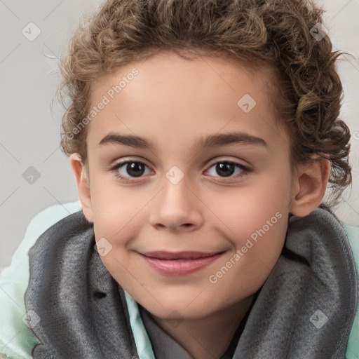 Joyful white child female with short  brown hair and brown eyes