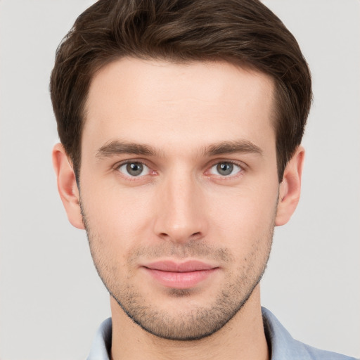 Neutral white young-adult male with short  brown hair and grey eyes