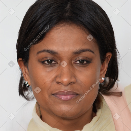 Joyful black adult female with medium  brown hair and brown eyes