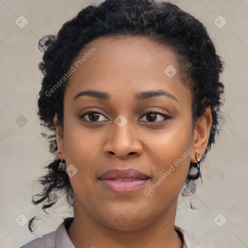 Joyful black young-adult female with medium  black hair and brown eyes