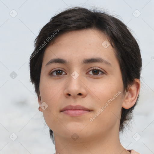 Neutral asian young-adult female with medium  brown hair and brown eyes