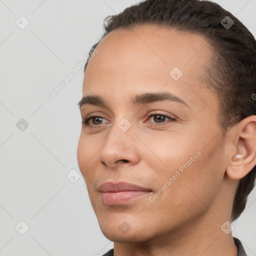 Joyful white young-adult female with short  brown hair and brown eyes