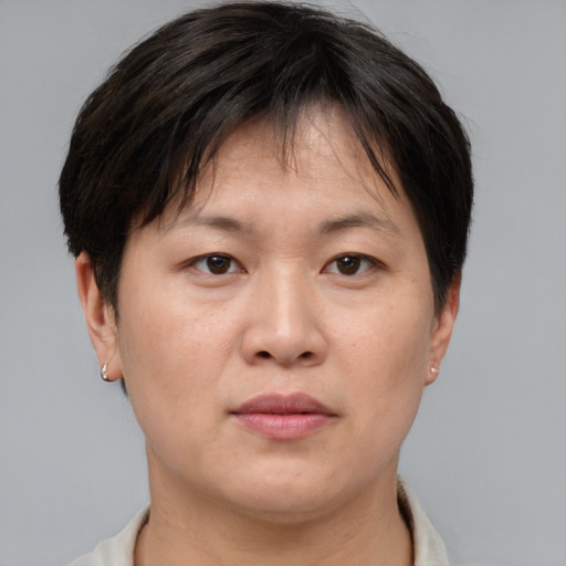 Neutral asian adult female with short  brown hair and brown eyes