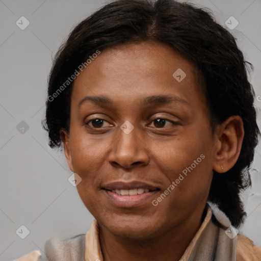 Joyful black adult female with short  brown hair and brown eyes