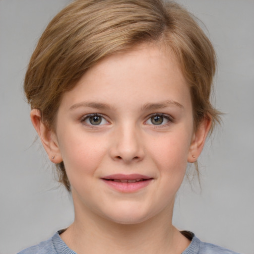 Joyful white child female with medium  brown hair and blue eyes