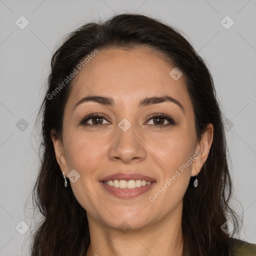 Joyful white young-adult female with long  brown hair and brown eyes