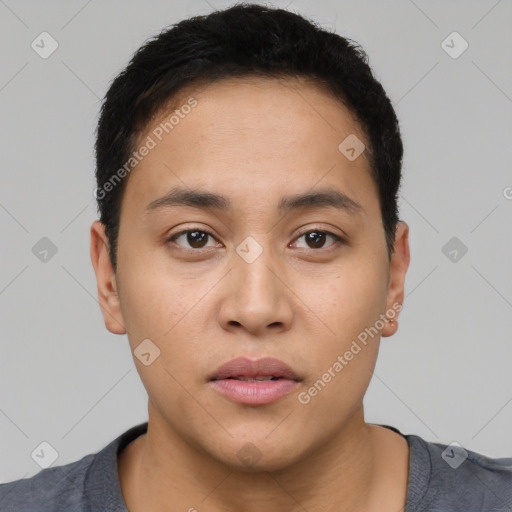 Neutral latino young-adult male with short  brown hair and brown eyes