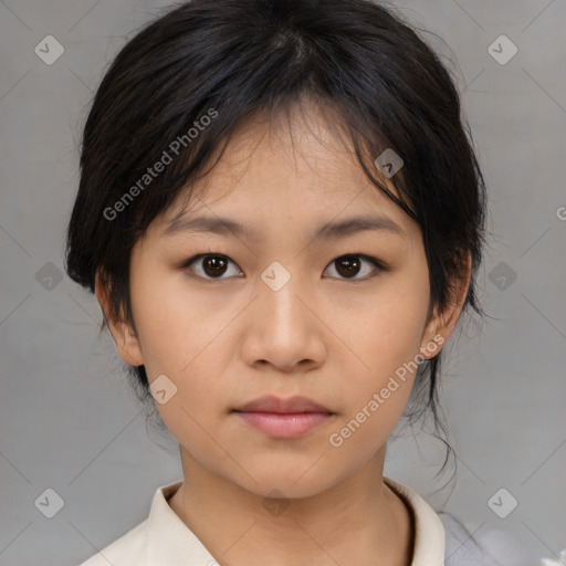 Neutral asian young-adult female with medium  brown hair and brown eyes