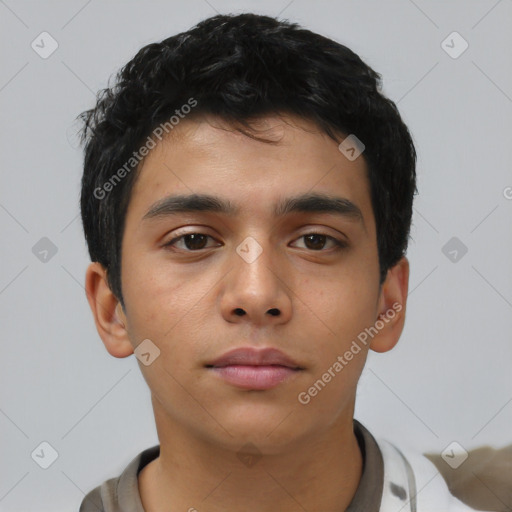 Neutral asian young-adult male with short  black hair and brown eyes