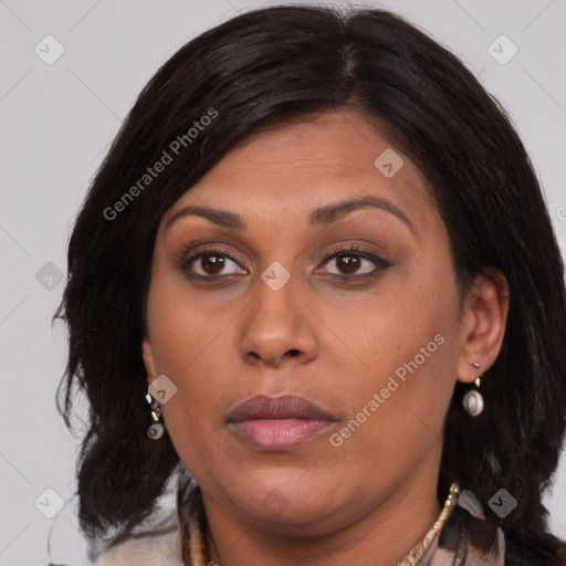 Joyful black young-adult female with medium  brown hair and brown eyes