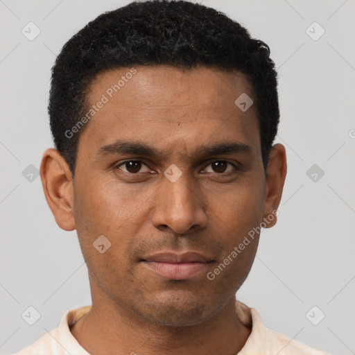 Neutral latino young-adult male with short  black hair and brown eyes