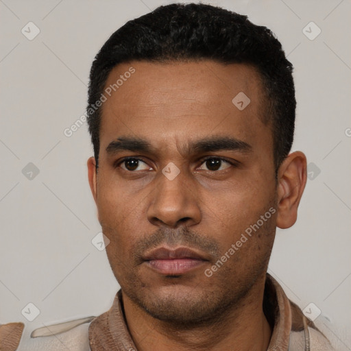 Neutral latino young-adult male with short  black hair and brown eyes