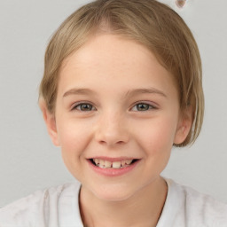 Joyful white child female with short  brown hair and brown eyes