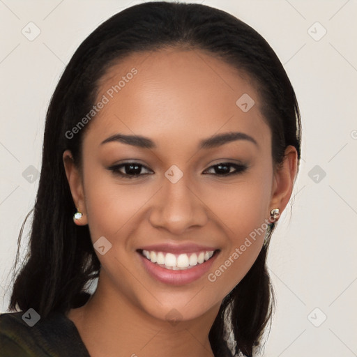 Joyful latino young-adult female with long  brown hair and brown eyes