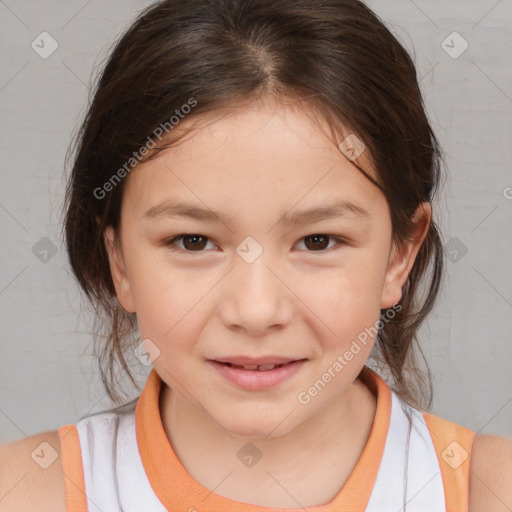 Joyful white child female with medium  brown hair and brown eyes