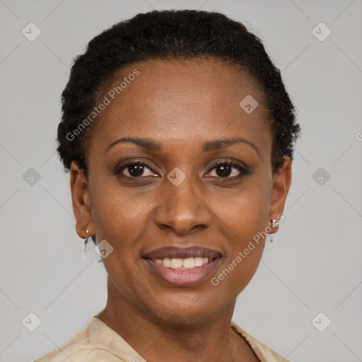 Joyful black adult female with short  brown hair and brown eyes
