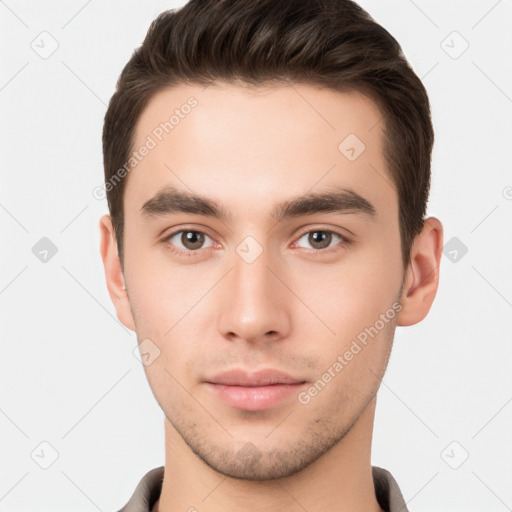 Neutral white young-adult male with short  brown hair and brown eyes