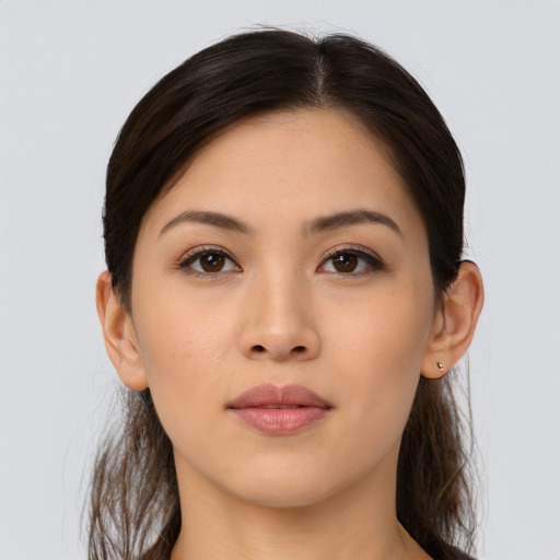 Neutral asian young-adult female with long  brown hair and brown eyes