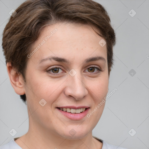 Joyful white young-adult female with short  brown hair and brown eyes