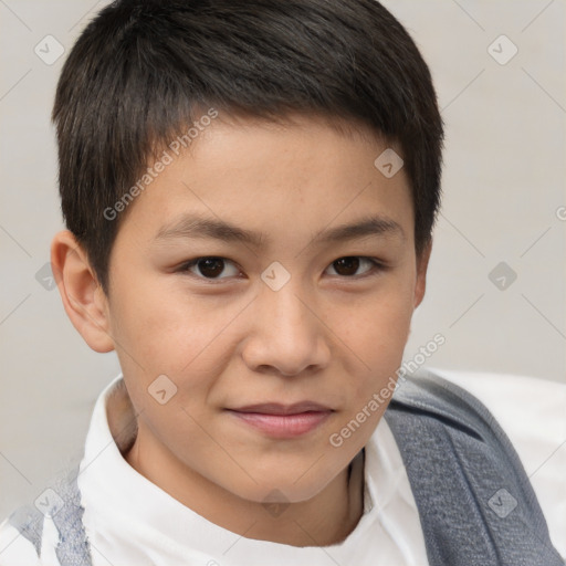 Joyful white child male with short  brown hair and brown eyes