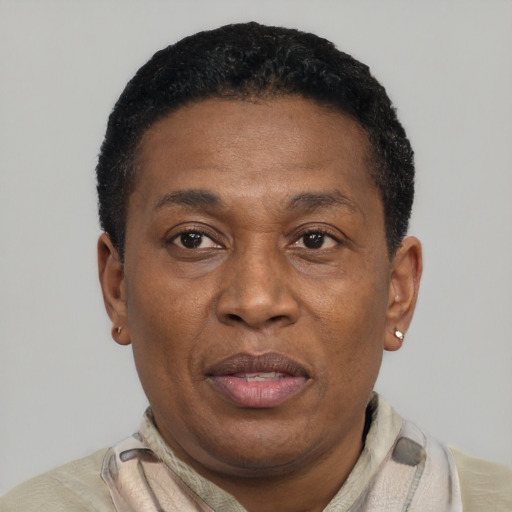 Joyful black adult male with short  black hair and brown eyes