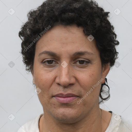 Joyful white adult female with short  brown hair and brown eyes